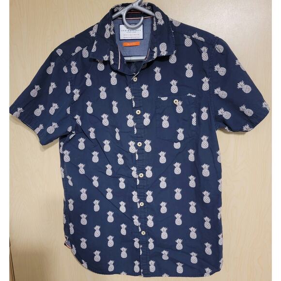 Denim & Flowers Men's Button Down Short Sleeve Shirt Black Pineapple Slim Fit S - Picture 1 of 8